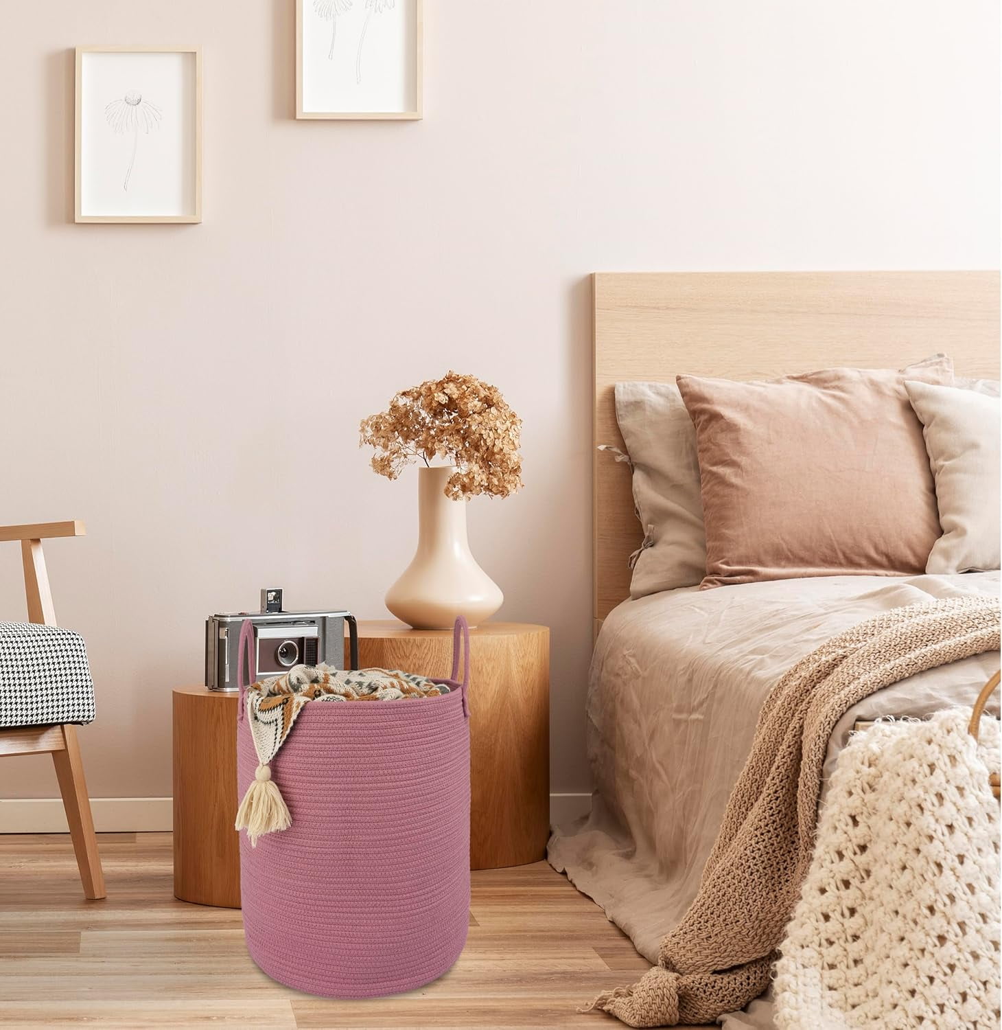 WarmHaven Cotton Rope Laundry Basket Hamper for Clothes Woven Storage Basket for Living Room Bedroom Boho Tall Rope Baskets for Blanket Toys Pillow Towels Baby Nursery Hamper Bin grape purple