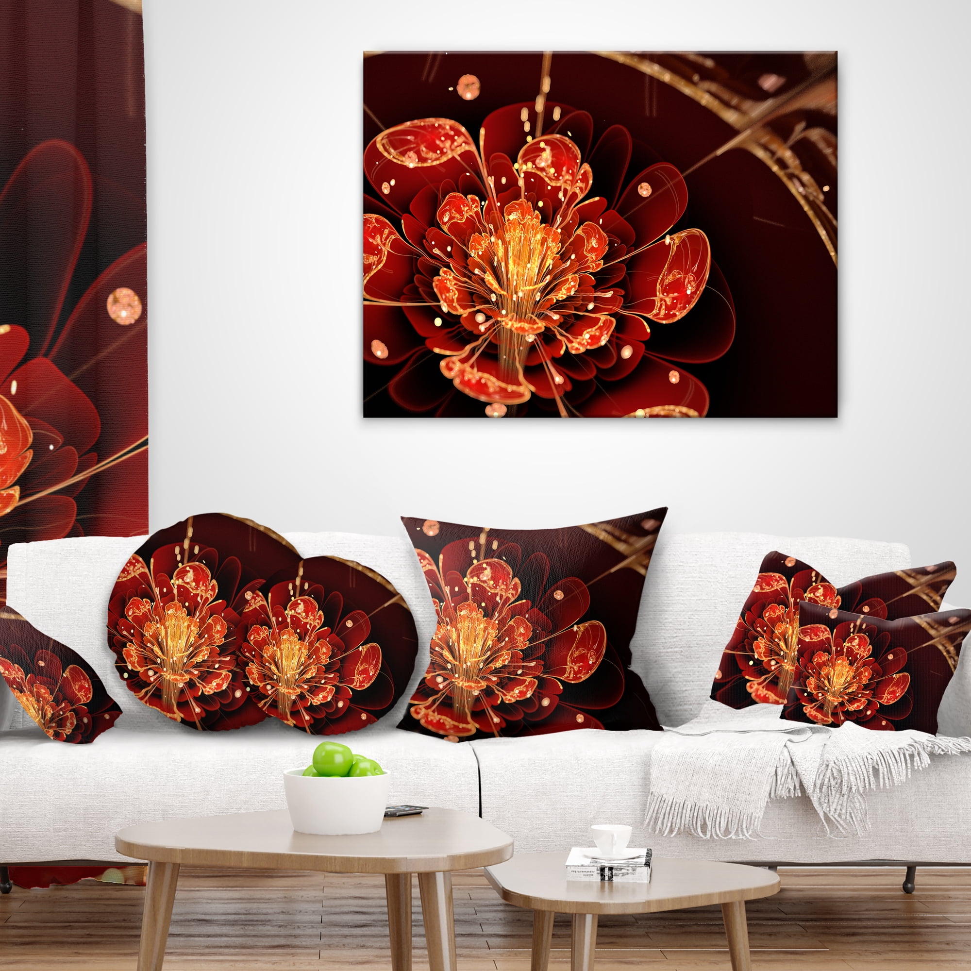 Designart Flower with Red Golden Petals - Floral Throw Pillow - 16x16