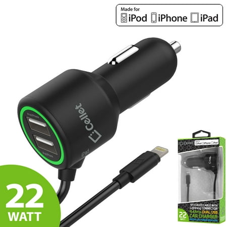 Cellet 22 Watt (4.4 Amp) 2 USB Port + Lightning Compatible Cable Car Charger (Apple MFI Certified) for iPhone Xr, Xs Max, Xs, X, 8 Plus, 8 7 Plus, (Best Lightning Cable Car Charger)