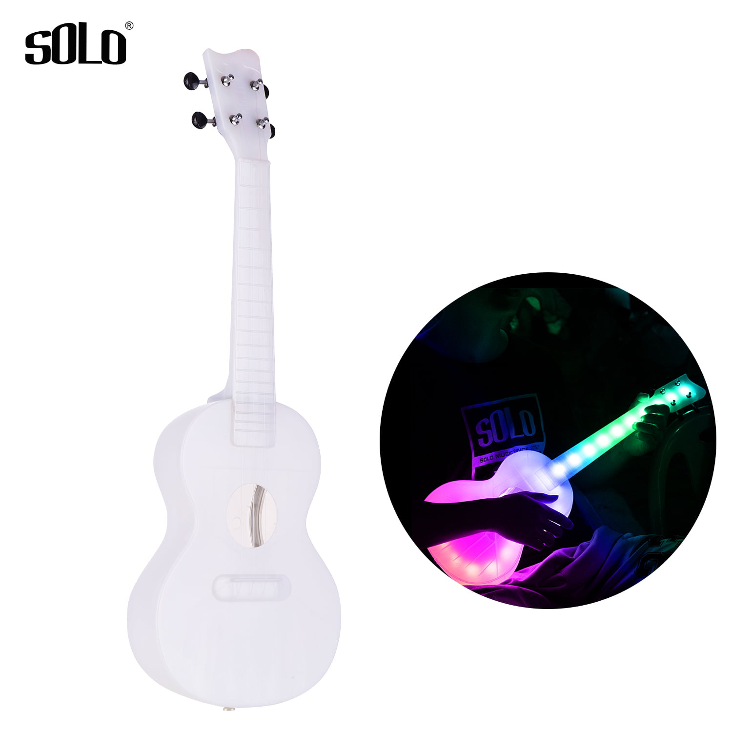SOLO SU-30 23 Inch Concert Ukulele Colorful LED Lighting Smart Ukelele Uke  Carbon Strings with Gig Bag USB Charging Cable