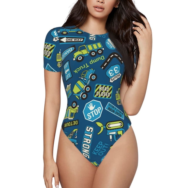 Fotbe Machinery Road Construction Body de Mujer con Cuello Redondo y Mangas Cortas, Sin Mangas Ajustado, Suave, Cómodo y Básico-X-Large