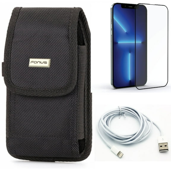 Screen Protector & 6ft USB Cable & Case Belt Clip for iPhone 13 Pro Max ONLY - Anti-Glare Tempered Glass Matte   Charger Cord Power Wire   Swivel Holster Rugged Combo