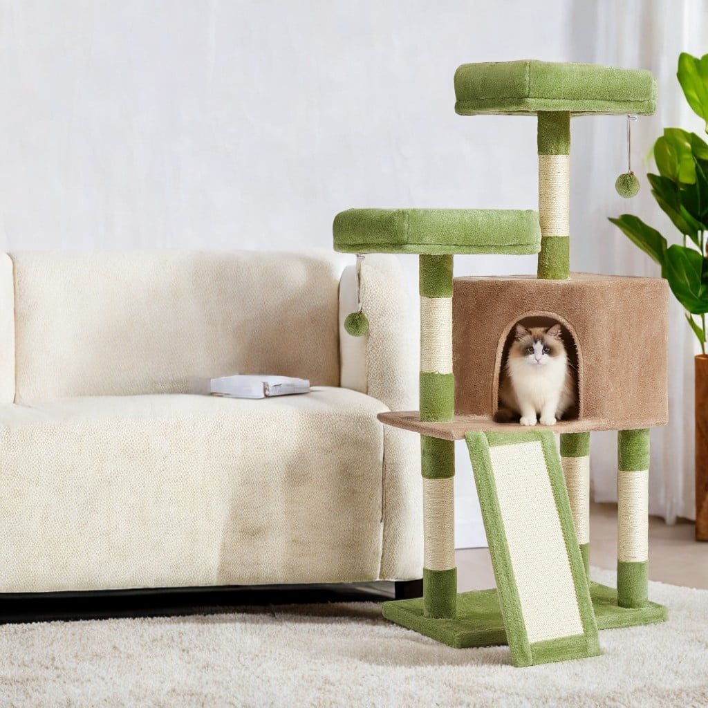 LEDREM Cat Tower, 45.3-Inch Indoor Cat Tree with Scratching Ramp, Perches, Spacious Cat Cave, Multi-Level Condo for Kittens, Adult Cats, Grass Green and Camel Brown