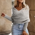 thumbnail image 2 of dGslk Womens Off Shoulder Sweater Wrap Knit Pullover Long Sleeve Casual Loose Fit Top for Autumn Winter Layering Style Light Gray L, 2 of 7