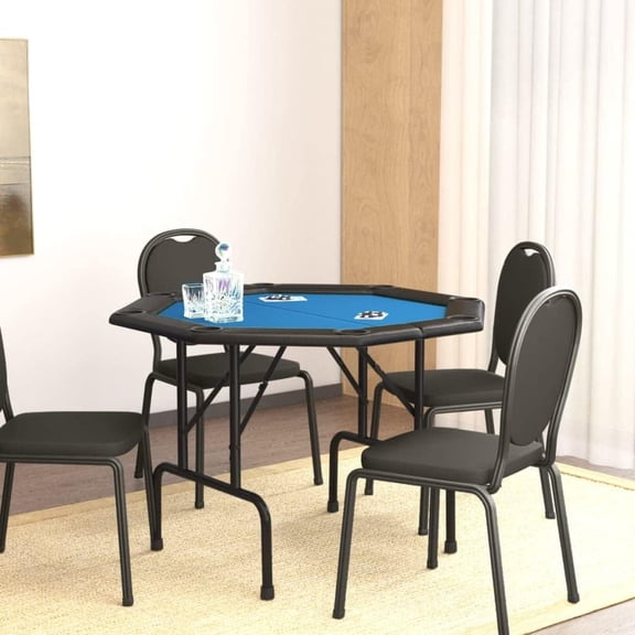 Folding Poker Table Octagonal Gaming Table with 8 Cup Holders, 42.5" Casino Game Station for Home Poker Night, Blue Wood