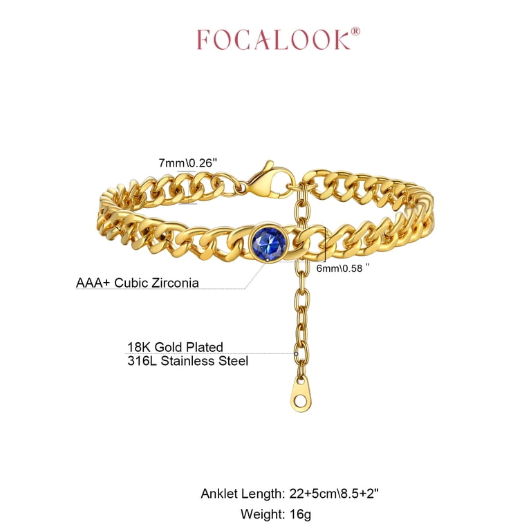 FOCALOOK September Birthstone Anklet, Gold Cuban Link photo 8