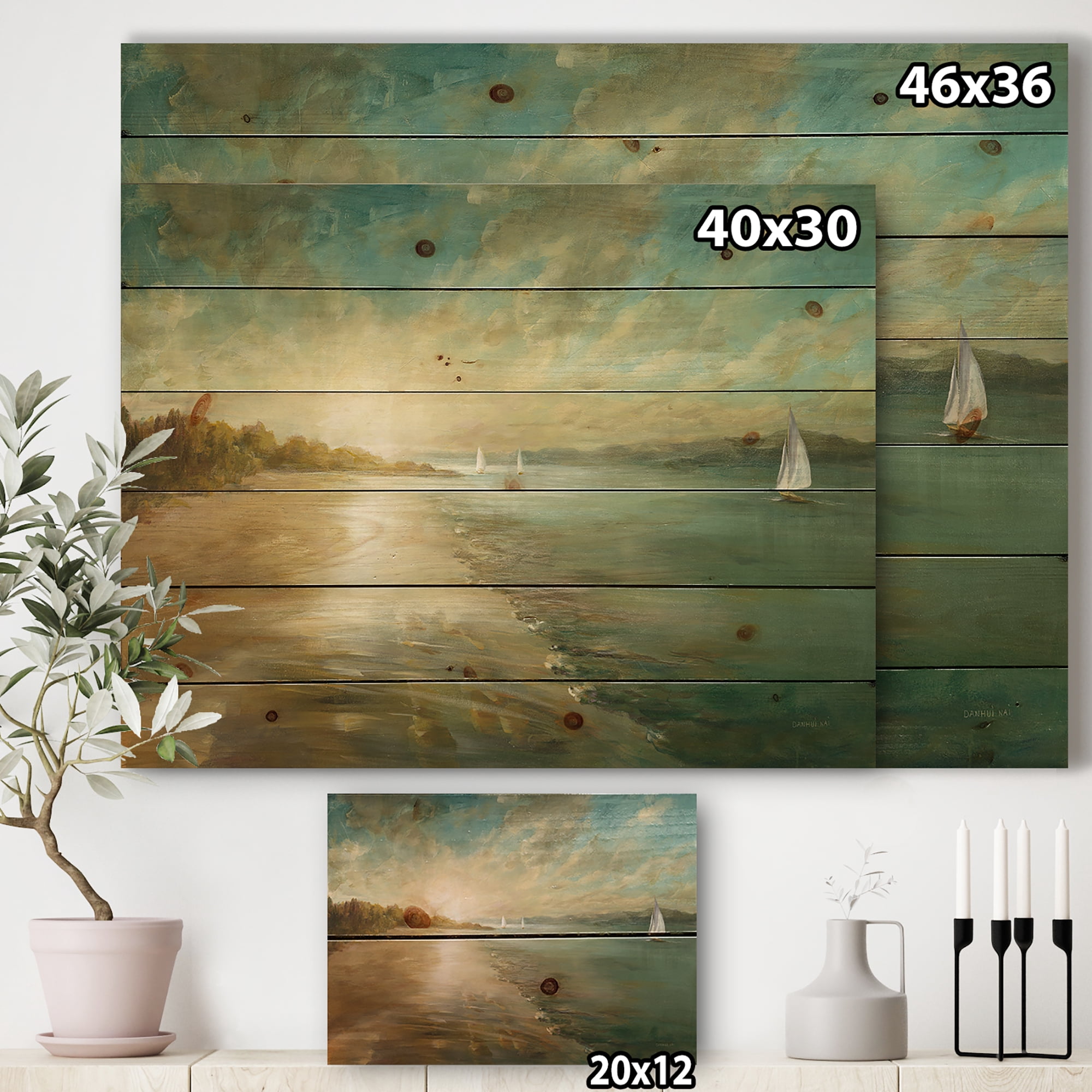 Designart 'Coastal Pastel Horizon' Nautical & Coastal Print on Natural Pine Wood