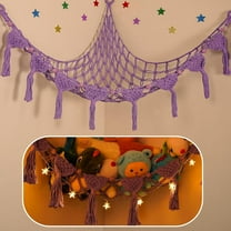 Stuffed Animal Storage Hammock, 56'' Jumbo Hanging Net Organizer for Nursery Teddy Plushie, Boho Macrame Tassels Corner Toy Holder Wall Mount, Purple Plush Toy Net w/LED Light for Boys Girls Gift