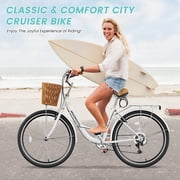 MOONCOOL 24/26 Inch Cruiser Bike for Women, 7 Speed Step-Through Bicycle with Basket, Rear Rack & Lock, Retro City Bike for Adults