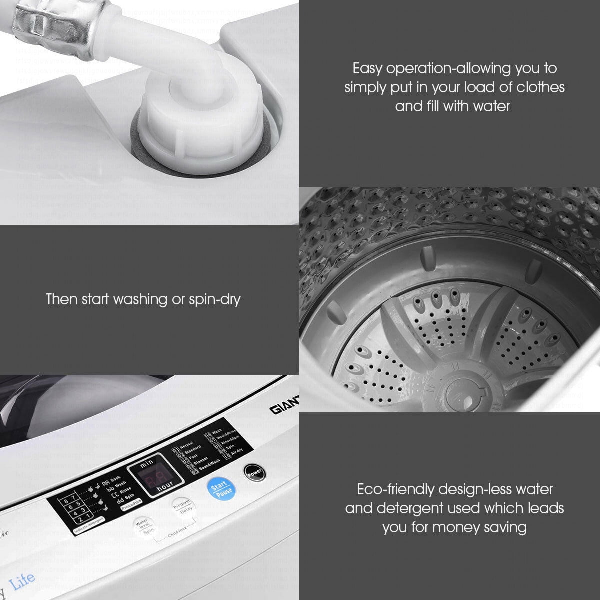 Portable Compact Washing Machine 1.28 Cu.ft Spin Washer Drain Pump 8 Water Level