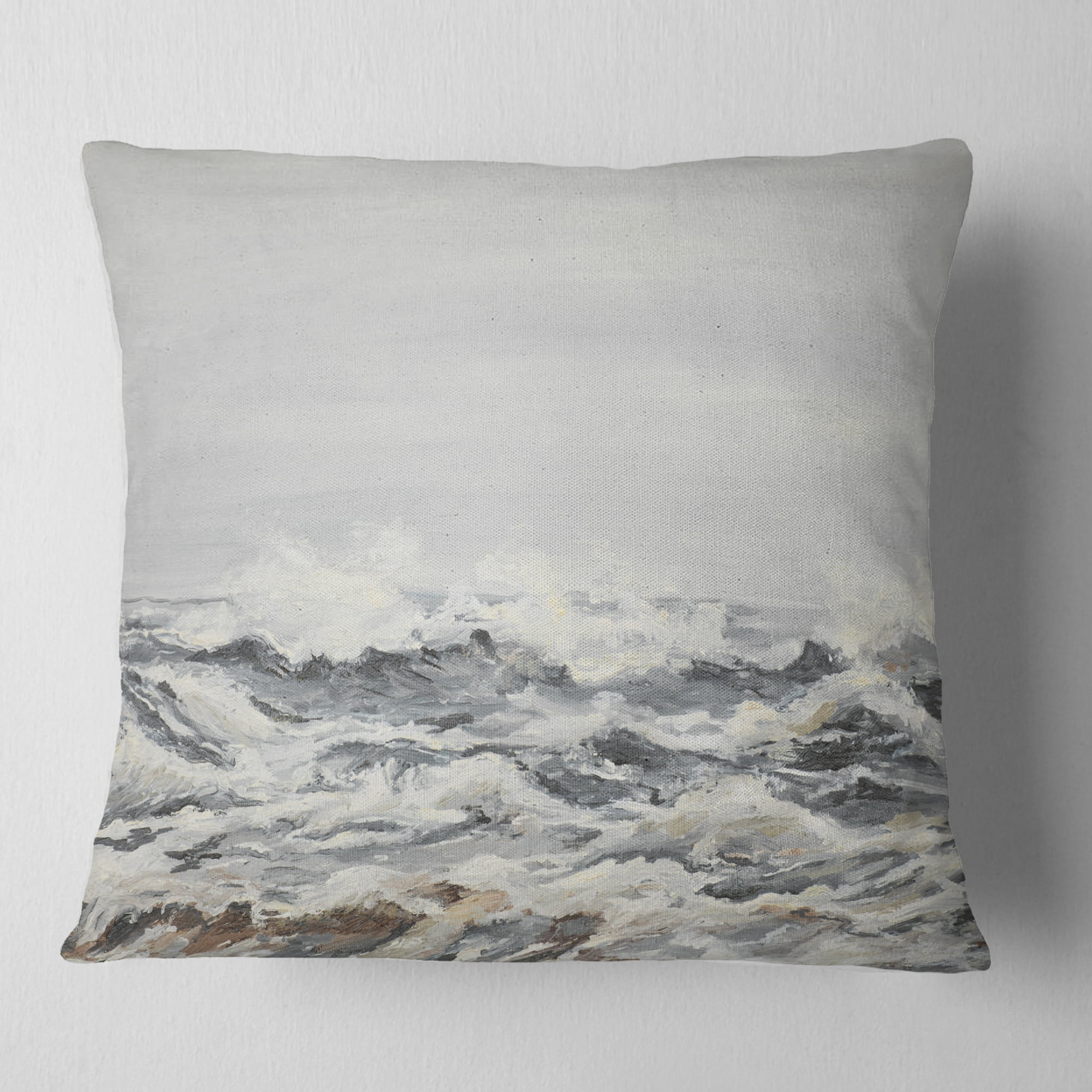 Designart Grey Sea Waves - Seascape Throw Pillow - 18x18