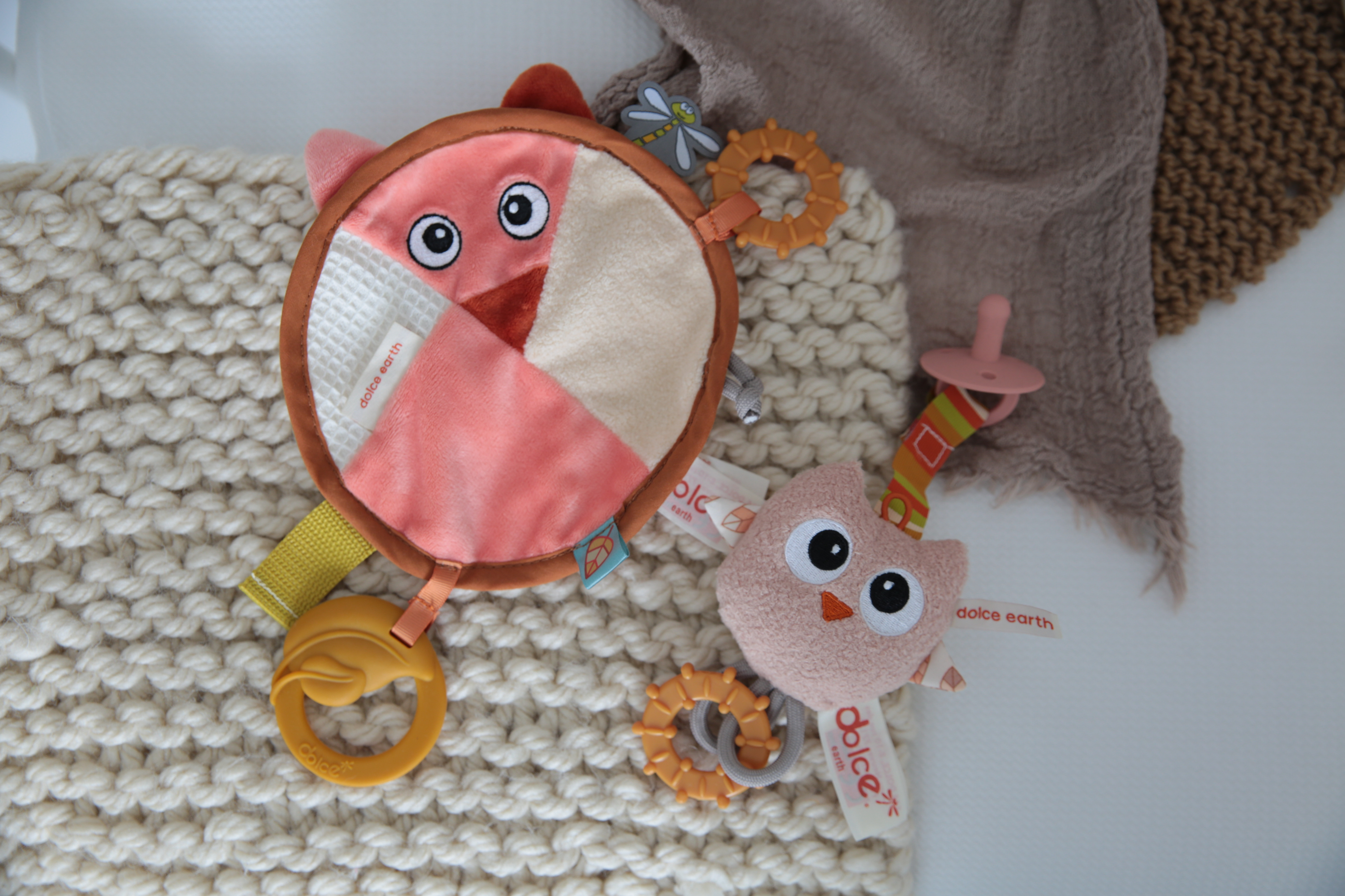 Dolce Fiona the fox comforter and Ollie the owl pacifier clip holder
