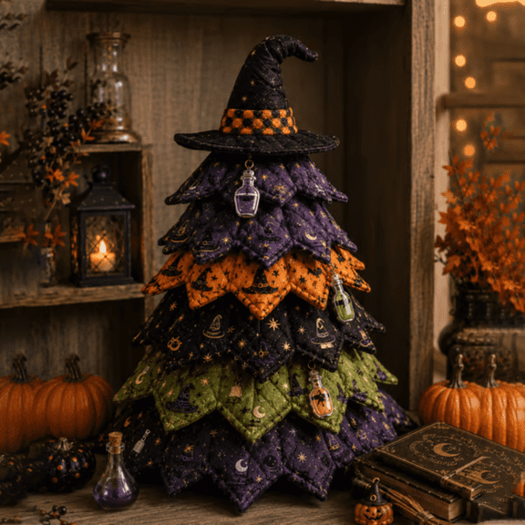 Ktlvex DIY Halloween Quilted Fabric Tree Kit Handmade Halloween Tabletop Tree Decor Sewing Craft Kit for Holiday Home Decoration & Gift (B)