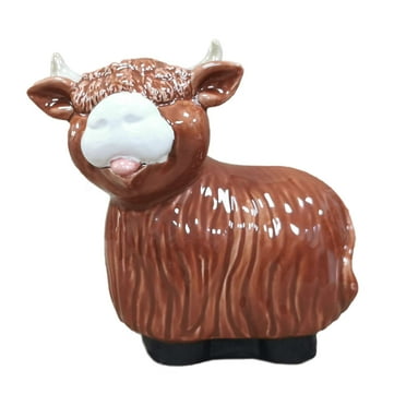 Mainstays 8in Ceramic Highland Cow Garden Decor Brown Statue Adorable Cow Cute Sticking Tongue Out