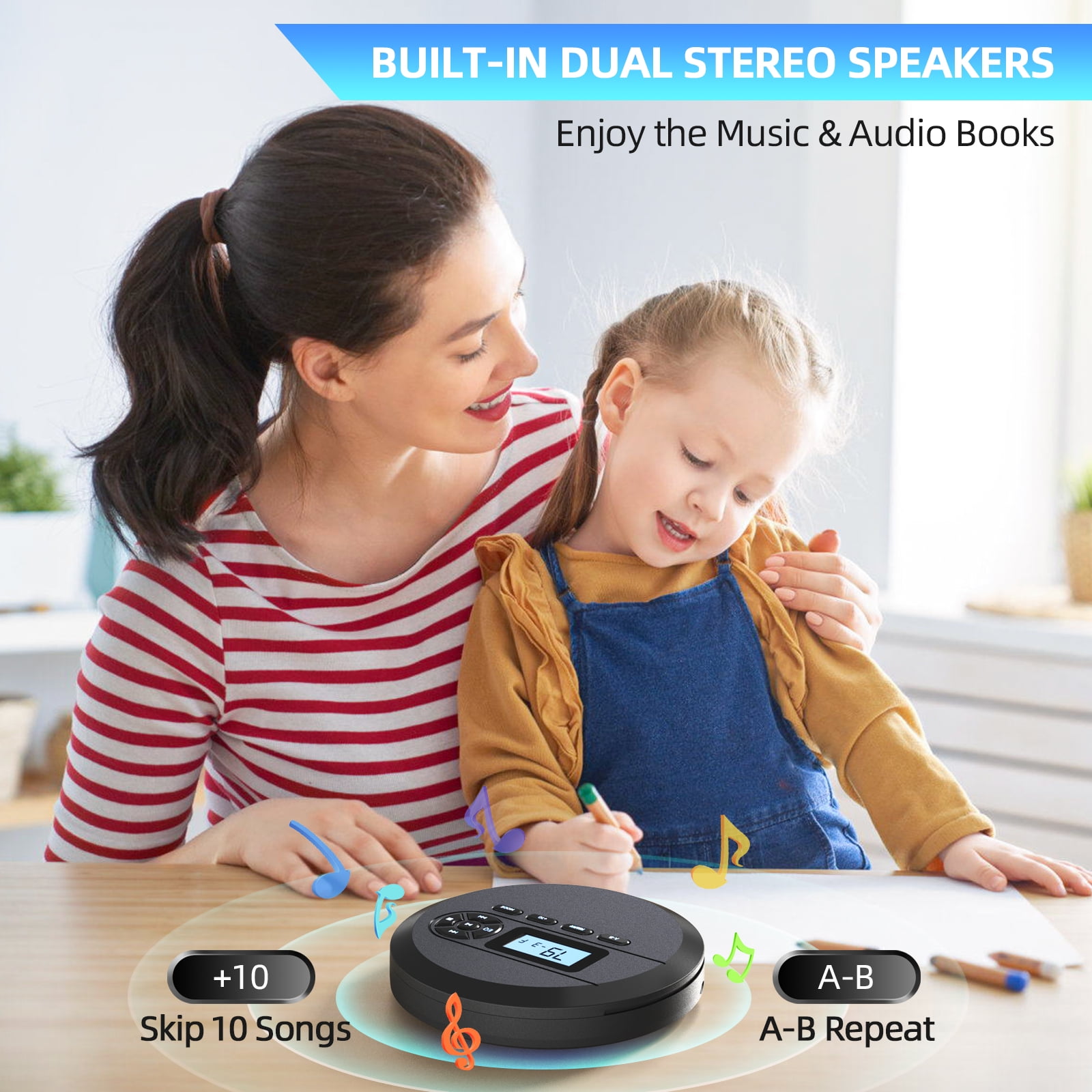 DESOBRY CD Player Portable with Speakers & FM Transmitter, Rechargeable Compact CD Player for Car, Portable CD-Player with LCD Screen, Earphones, AUX Cord