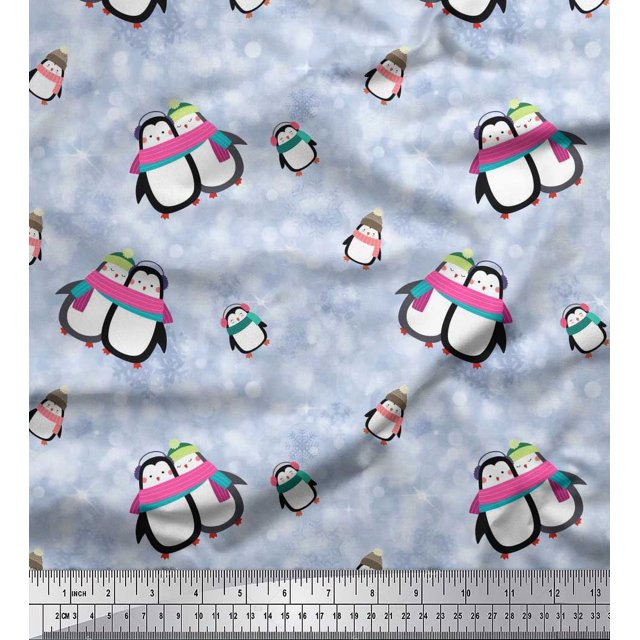 Soimoi Modal Satin Fabric Snowman & Penguin Kids Print Sewing Fabric Yard 42 Inch Wide