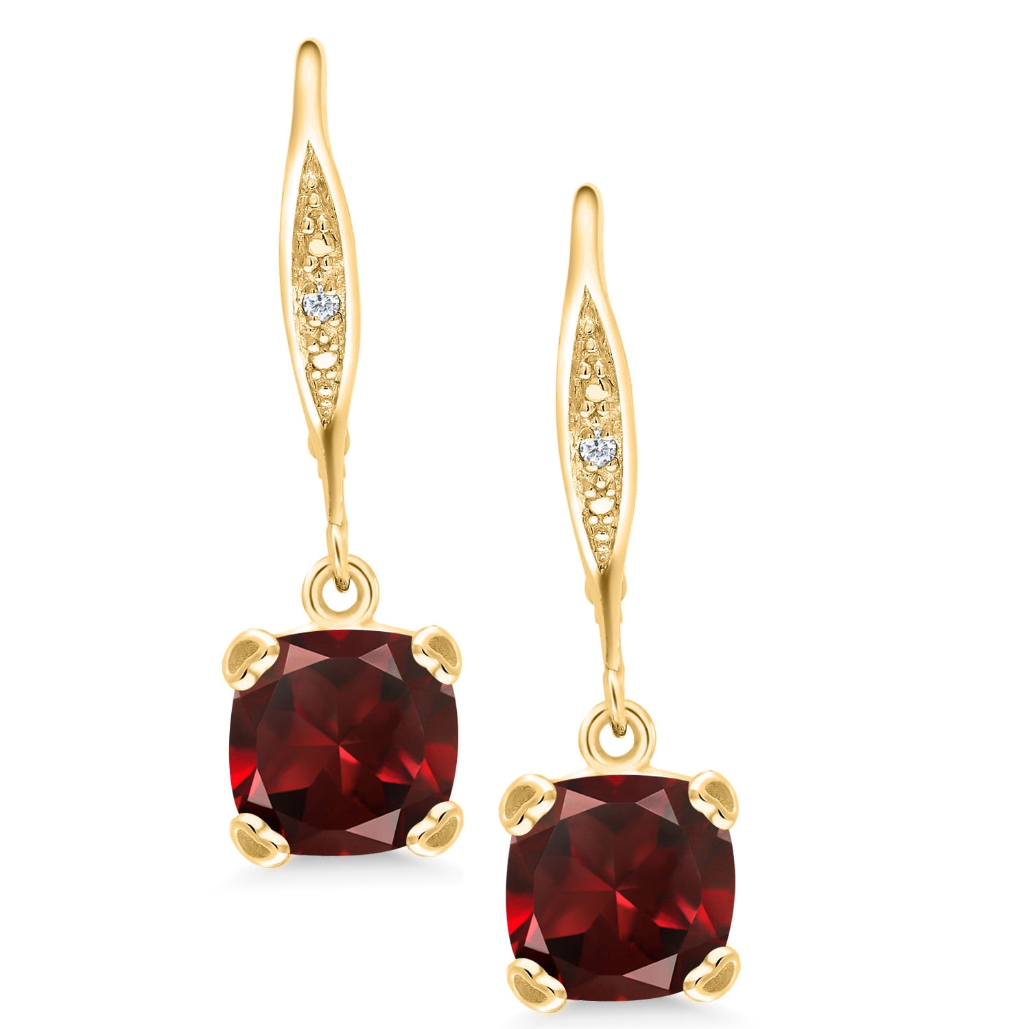 Gem Stone King 18K Yellow Gold Plated Silver Red Garnet and White Diamond Earrings for Women (3.71 Cttw, Gemstone January Birthstone, Cushion 7MM)