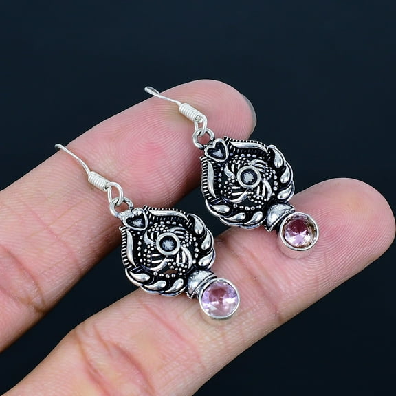 Pink Kunzite Round Gemstone 925 Sterling Silver Jewelry Earrings 1.77" VJ 5381