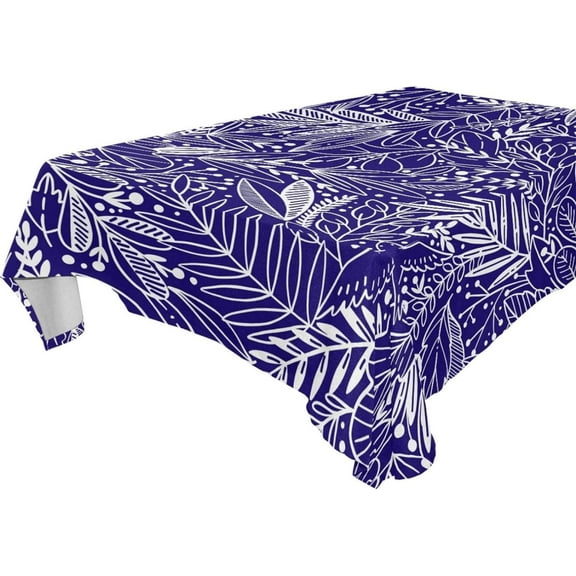 SKYSONIC 60"x108" Square Tablecloth with Blue Exotic Leaves and Birds Prints, Anti-Wrinkle and Smooth Table Cloth for Kitchen/Home Party Decoration