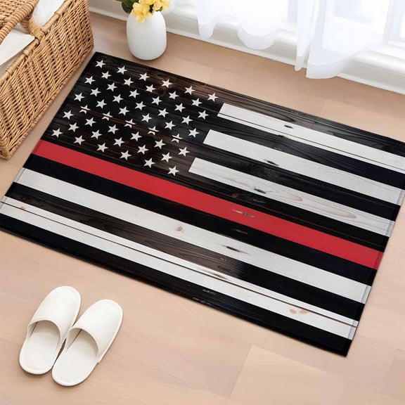 2x3 Ft Entryway Area Rug, Red American Flag Kitchen Rug Runner Washable Floor Mat, Black White Stripe US Flag Retro Wooden Non Slip Indoor Door Mat Throw Carpet for Bathroom Living Room Bedroom