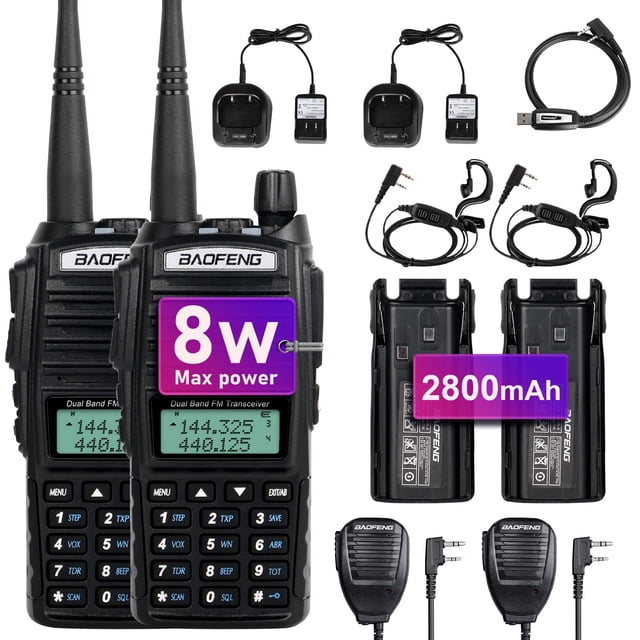 Radio BaoFeng UV-82 de alta potencia, radioaficionado, radio bidireccional, walkie talkies con auricular, altavoz portátil, micrófono y cable de programación (paquete de 2, negro)