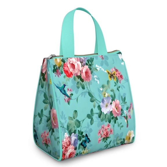 Pioneer Flower Floral Print Pattern Insulated Lunch Bag for Women & Adults,Large Portable Soft Cooler Lunch Bag,Thermal Food Storage Tote with Pearl Cotton,8.66L,8.75x5.75x9.5 Inch