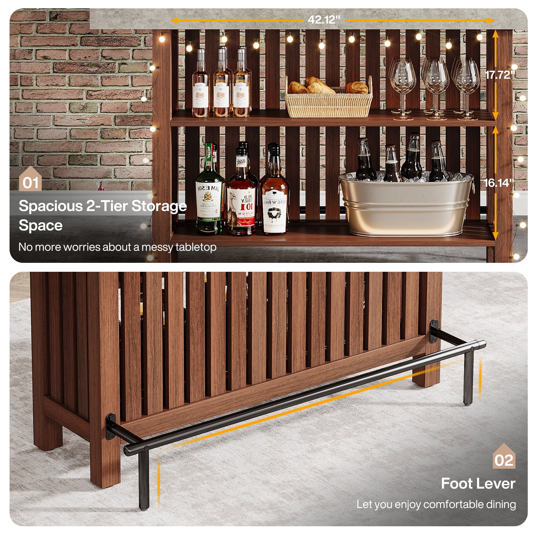 Tribesigns Home Bar Unit, Modern 2-Tier Bar Table with Footrest, Corner Mini Coffee Bar Cabinet for Home Kitchen Pub, Brown