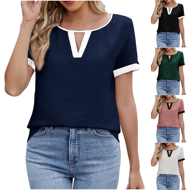 PXLKNZH T-Shirts à Manches Courtes pour Femmes, Tops d'Été à Blocs de Couleur, Tunique Décontractée Douce, Col Rond, Vêtements de Base pour l'Entraînement, Tenues de Mode Printemps 2025 Noir,TTG