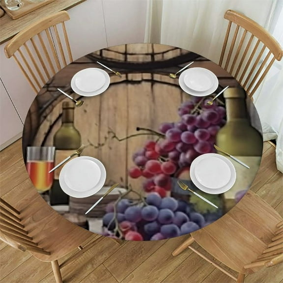 HAOXIT Round Tablecloth, Bottle of Red Grape on A in Wooden Washable Tablecloth Protector for Dining Table, Buffet Parties and Camping 31-35