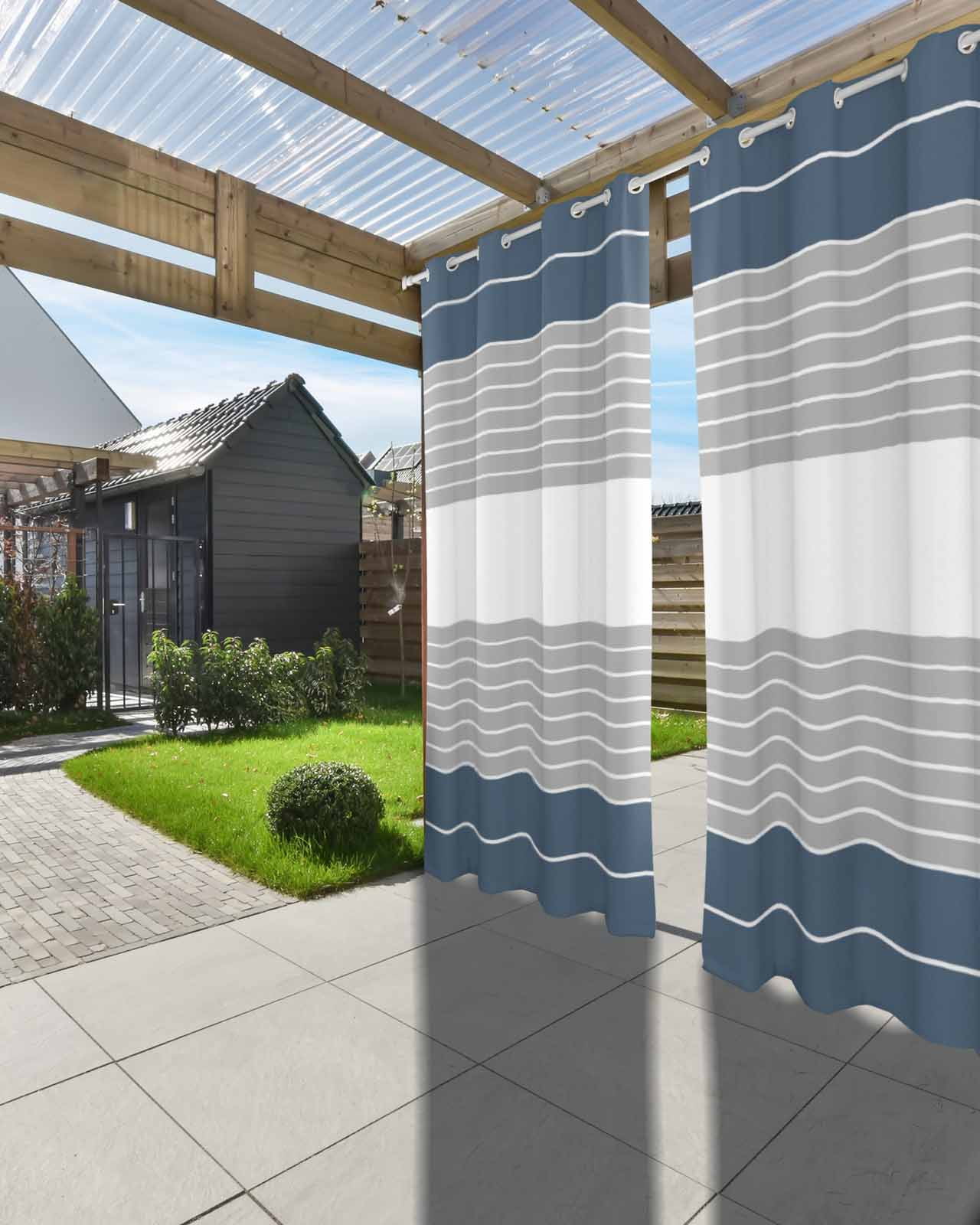 Haze Blue Grey Stripe Outdoor Curtains for Patio, Modern Art Horizontal Striped Privacy Drapes Grommet Waterproof Outside Curtains for Porch/Cabana/Balcony 54"x 95", 1 Panel