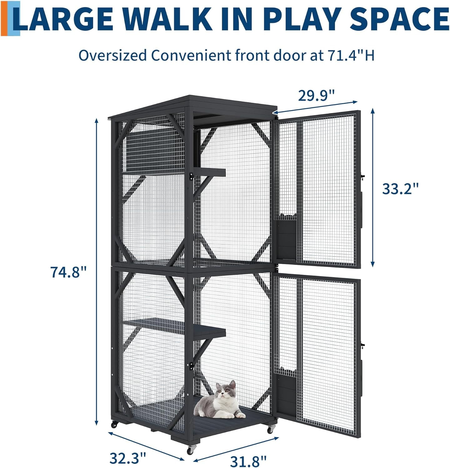 Garvee 4 Tiers Catio 32.3 x 31.8 x 74.8", Outdoor Cat Enclosure, with 4 Wheels, Black