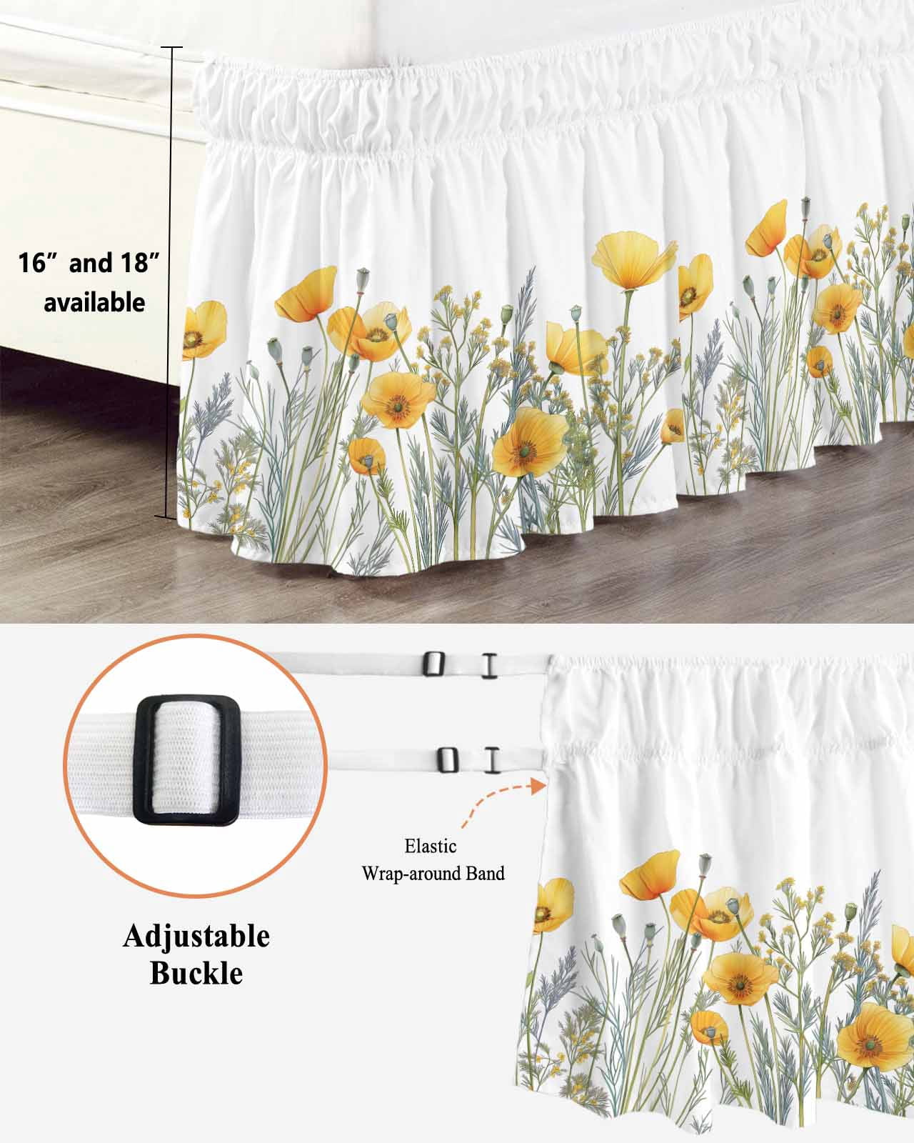 Yellow Spring Floral Wrap Around Bed Skirts for King Bed 18" Drop, Bed Skirt with Adjustable Elastic Belt Dust Ruffle Bed Valance for Bedroom Hotel Luxury Watercolor Summer Botanical Bed Frame Cover