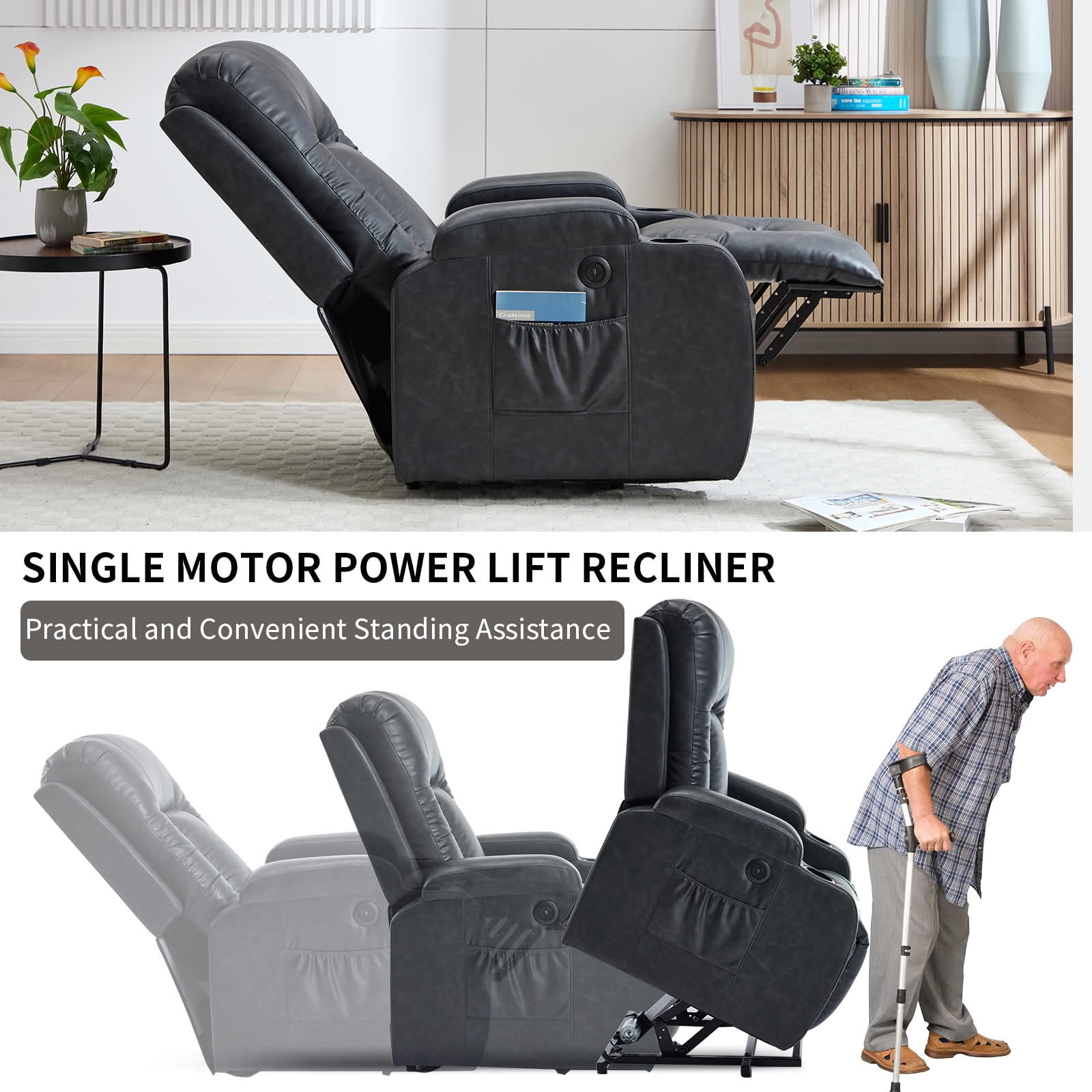 MAYEERTY Gray 350 lbs PU Power Lift Recliner Chair, 8-Point Massage Heat USB Cup Holders for Elderly Living Room