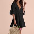 thumbnail image 2 of Women's Summer Fall Dresses 2023 Deep V Neck 3/4 Sleeve Ruffle Swing Beach Holiday Mini Short Dress, 2 of 6