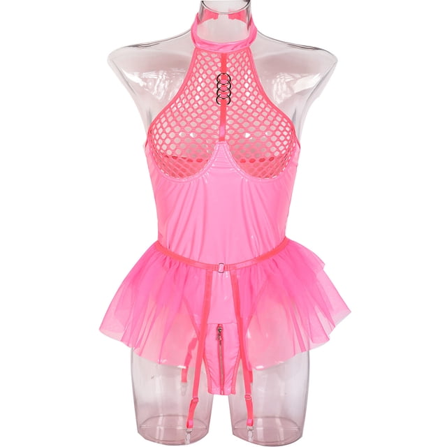 Falda tutú de malla de cuero de patente de PU sexy europea y americana con cuello colgante y liguero colgante, mono solucionable 3334