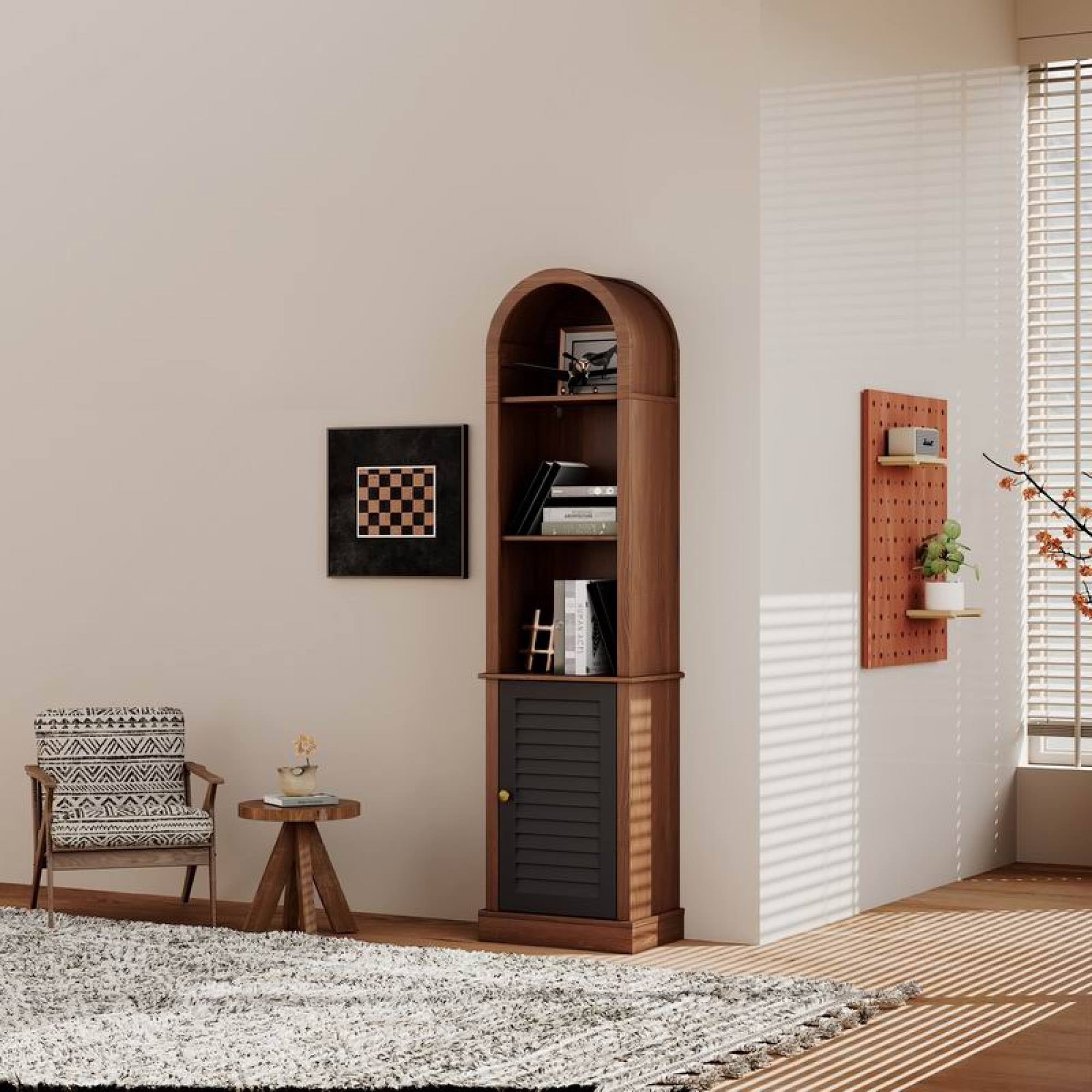 Leumius Tall Arched Corner Bookshelf with Shutter Door, Freestanding Narrow Wooden Corner Display Storage Rack, Multipurpose Corner Cabinet for Living Room, Bedroom