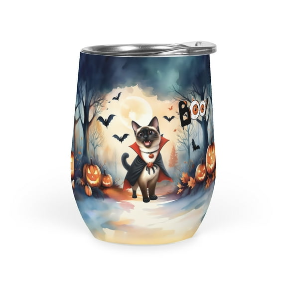Happy Halloween Vampire Siamese BOO with Pumpkins Fun and Spooky 12oz Stainless Steel Wine Tumbler Insulated Cup with Lid Cat Lover Kitten Owner Gifts - 00018