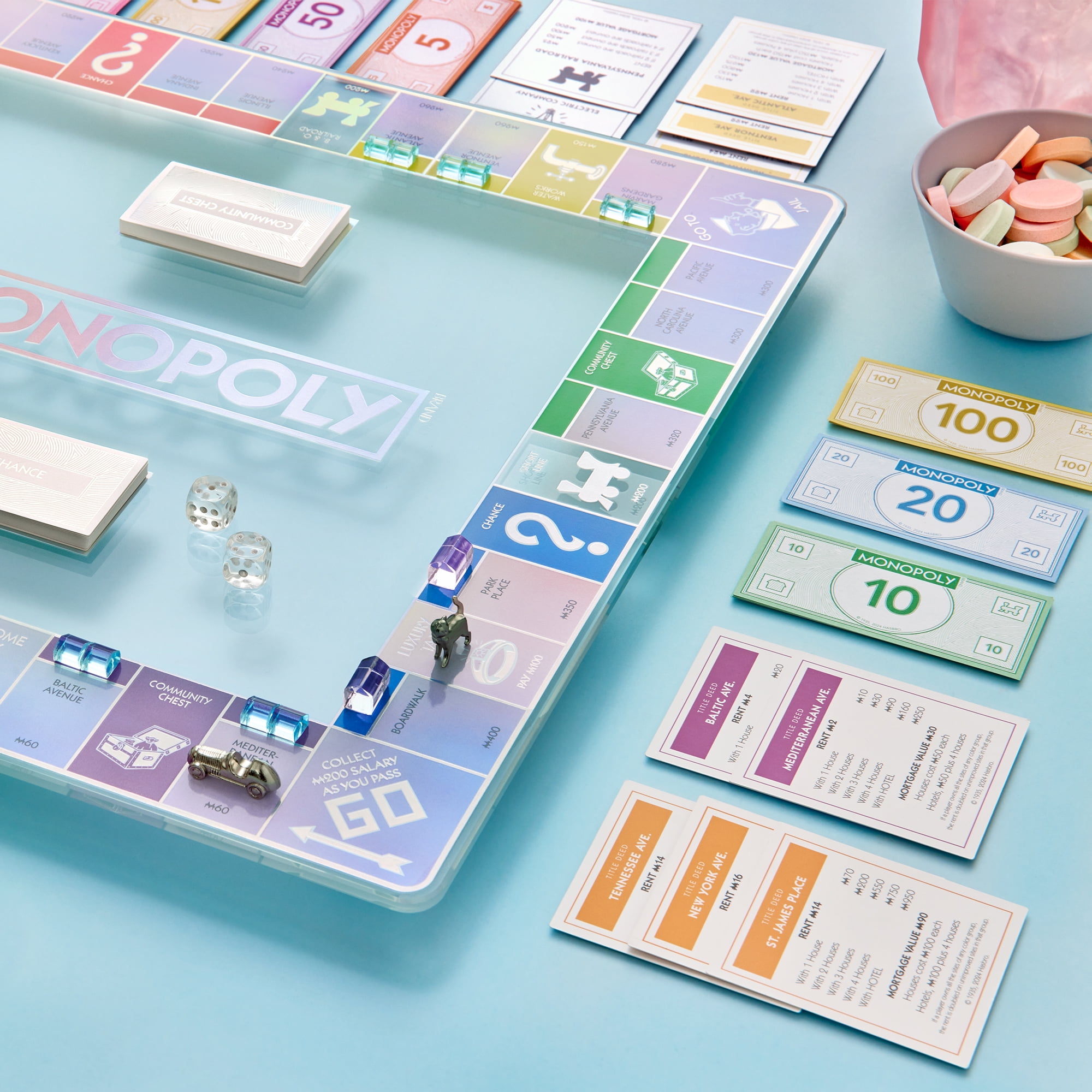 WS Game Company Monopoly Aura Edition – Premium Iridescent Tempered Glass Game Board, Crystal-Clear Houses & Hotels, Metallic Tokens, Luxe Storage Tray – Family Classic for 2–6 Players, Ages 8+