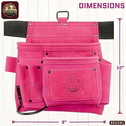 Graintex SS2081 5-Pocket Nail & Tool Pouch – Pink Suede Leather, 2" Webbing Belt, Heavy-Duty Stitching & Rivets, Fits 28"-50" Waist