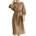 thumbnail image 2 of Yotami Short Sleeve Dresses for Women Summer Bohemian Solid Color Dress for Holiday Crew Neck Cotton Linen Midi Dress Khaki XXXXL, 2 of 3