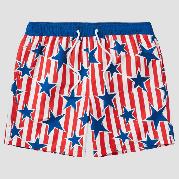 Men's Star Print Striped Americana Swim Shorts - Blue/Red, Large