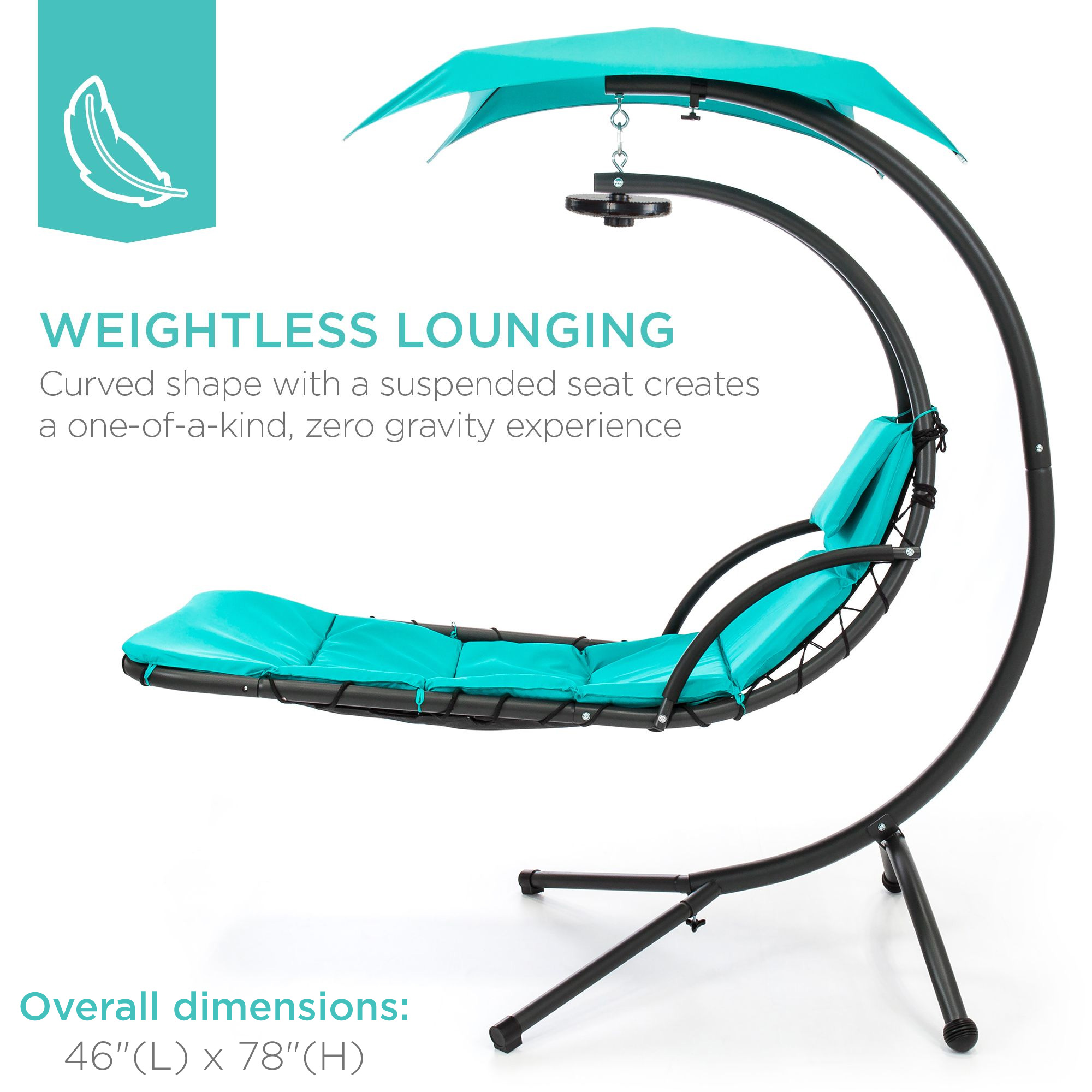 Best Choice Products Hanging LED-Lit Curved Chaise Lounge Chair for Backyard, Patio w/ Pillow, Canopy, Stand - Teal - image 3 of 7