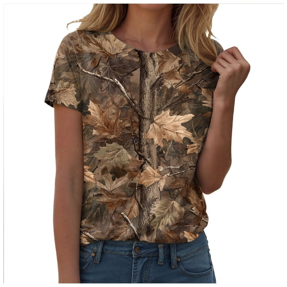 larppty Women Camo Shirt Top Y2K Maple Leaf Graphic Tee Short Sleeve Loose Fit Round Neck T Shirt Streetwear (Brown, S)