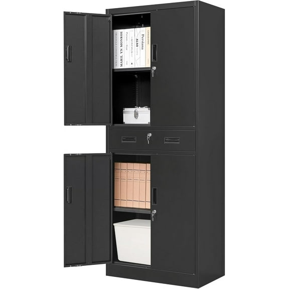 CMY Metal Storage Cabinet, 71" H x 28" W x 16" D Locking Storage Cabinet with Adjustable Shelves and One Drawer, Steel Cabinets for Office, Garage, Home, School, Utility Room(Black)
