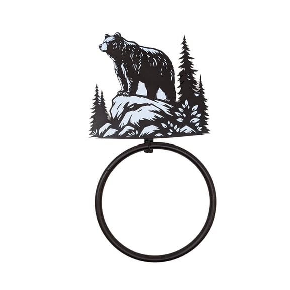 Black Bear on Rock Towel Ring – Wall Mounted Hand Towel Holder, Black Metal Rustic Cabin Wildlife Design – Lodge, Mountain, Outdoor-Themed Bathroom Decor – Housewarming Gift for Cabin Owners