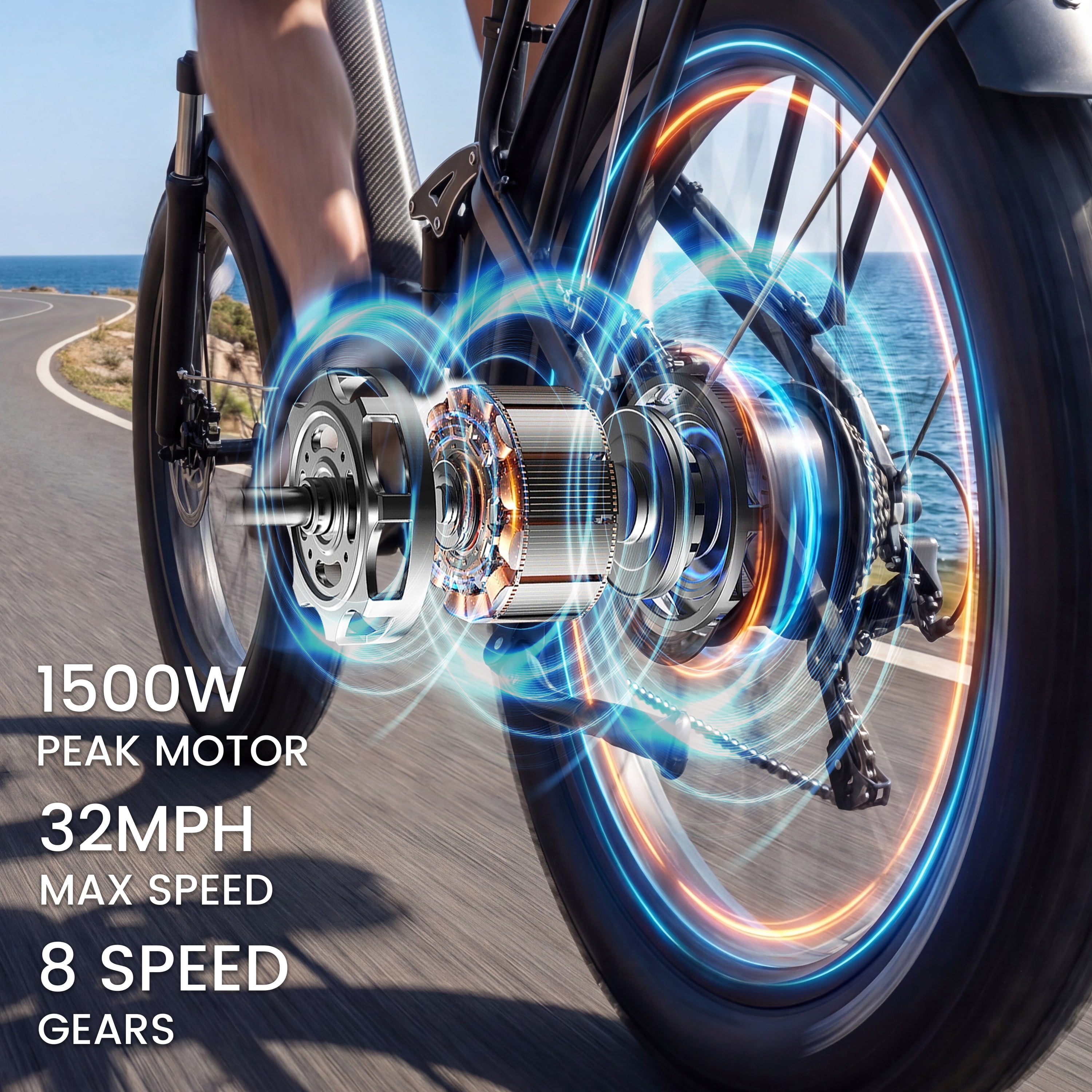 ESKUTE C300 Electric Bike for Adults, 1500W Peak Motor, 32MPH Fast Ebike, 48V 20.8Ah Battery Up to 80 Miles, 26"x4.0" Fat Tire, Full Suspension, 8-Speed Black, UL2849