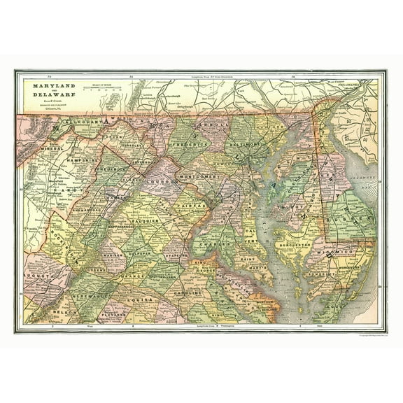 Historic State Map - Maryland Delaware - Johnson 1888 - 31.46 x 23 - Vintage Wall Art