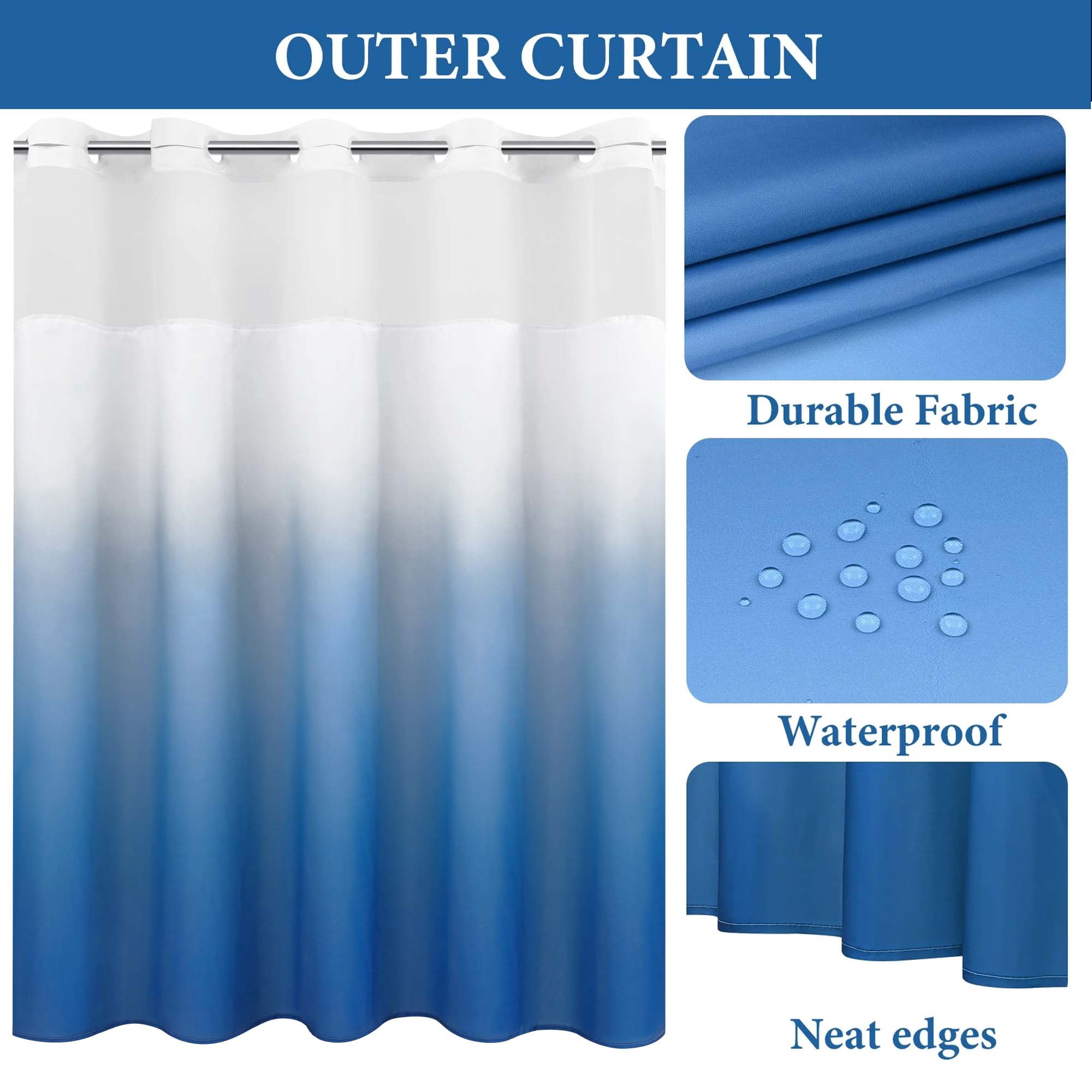 Ikfashoni Blue Ombre Hookless Shower Curtain with Snap in Liner, Waterproof Fabric Mesh Window Bath Curtain, 71"X74"