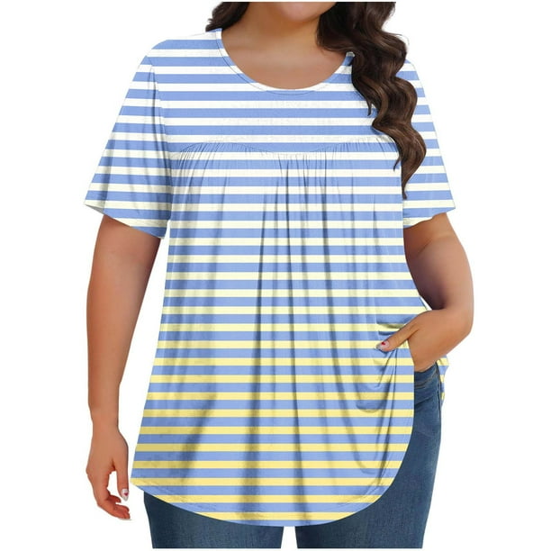 Tamaño Más Manga Corta Tops para las Mujeres Impreso Manga Corta Sólida Redonda Cuello Plegado Blusa, Poliéster Más Tamaño Superior, Lavado a Mano