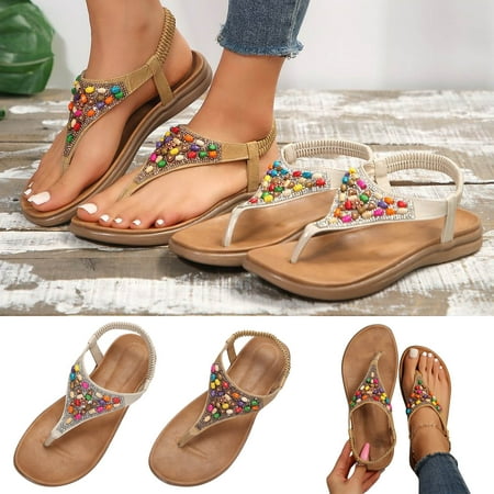 

mtvxesu Summer Slippers for Women Women s Beaded Roman Style Flat Bottomed T-shaped Sandals Elastic Toe Clip Beach Sandals Slippers Slide Sandals Women Outdoor Activities Clearance Sale
